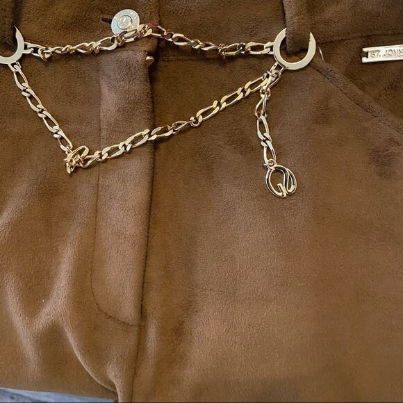 Vintage St. John Sport Faux Suede Pants y2k Slit Chain Floral Embroidery Tan 2 - Picture 2 of 6